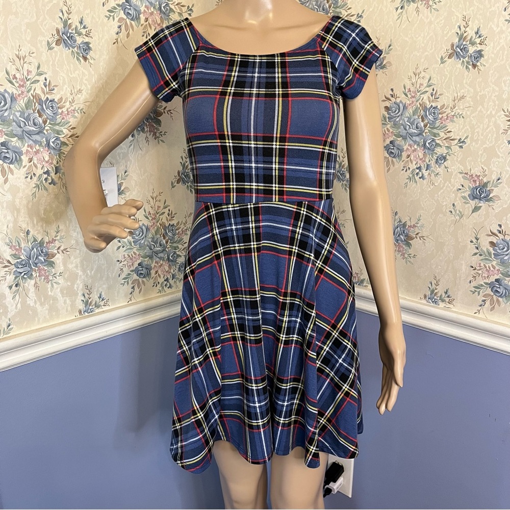 Wet Seal Blue Plaid Short Sleeve Skater Dress, Size S
